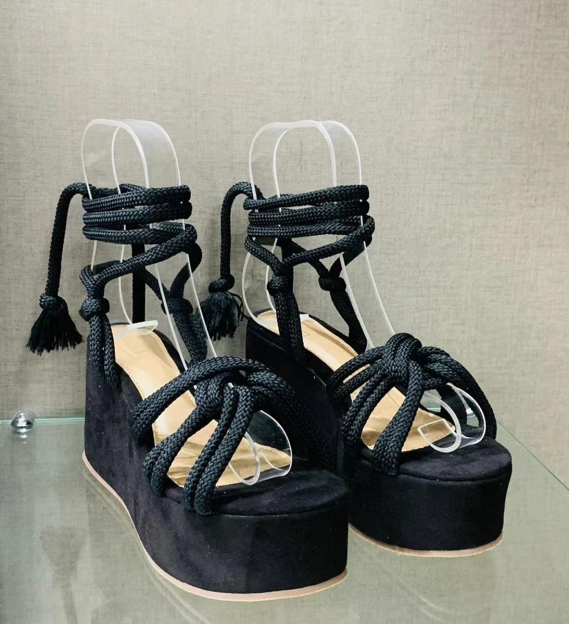 Leslie Lace Me Up Wedge Sandals