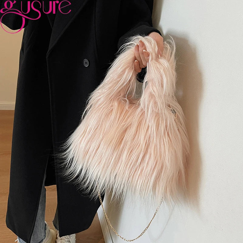 Gusure Winter Women's Portable Plush Bag Fashion Versatile Soft Plush Luxury Design Handbag Solid Color Shoulder Crossbody Bag