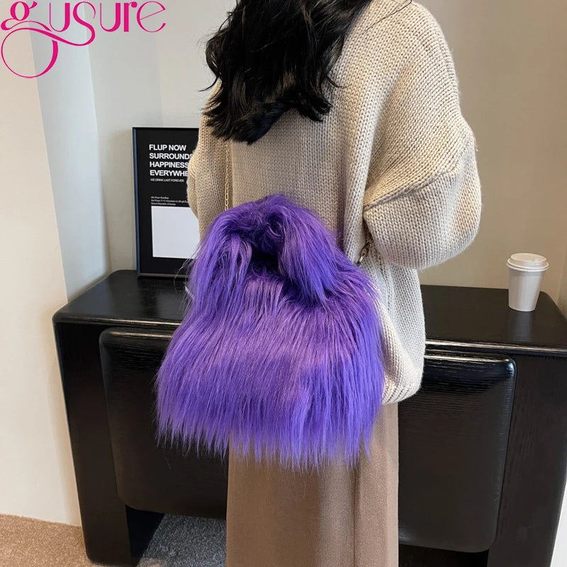 Gusure Winter Women's Portable Plush Bag Fashion Versatile Soft Plush Luxury Design Handbag Solid Color Shoulder Crossbody Bag