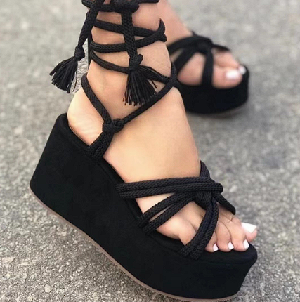 Leslie Lace Me Up Wedge Sandals